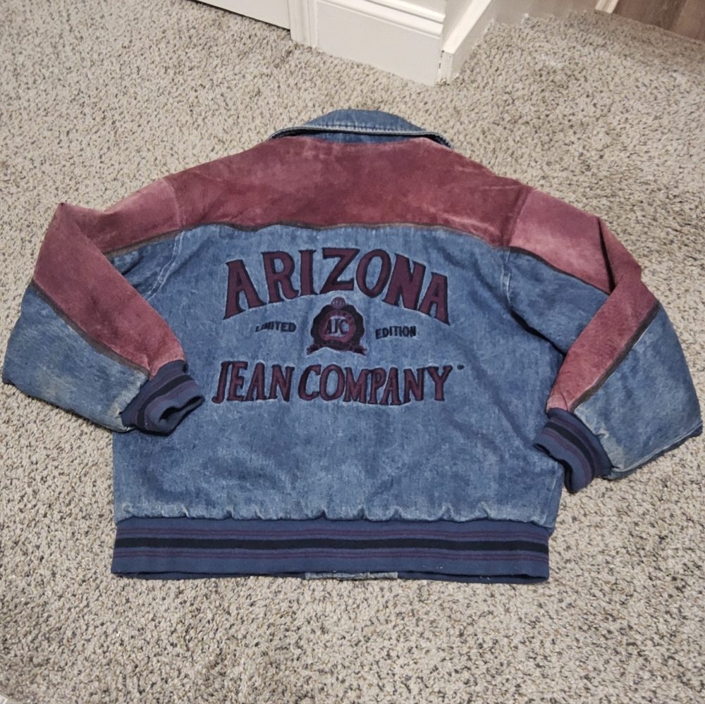 Arizona Jean Company Vintage Denim and Burgundy Letterman Bomber Jacket M